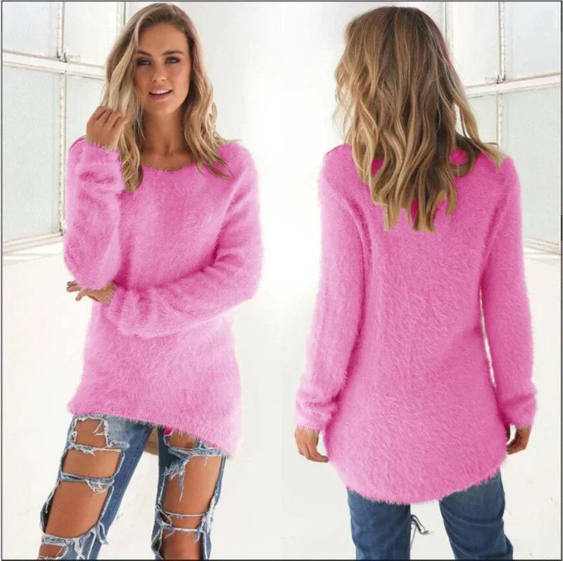 Women Warm Solid‑Color O‑Neck Loose Knit Sweater