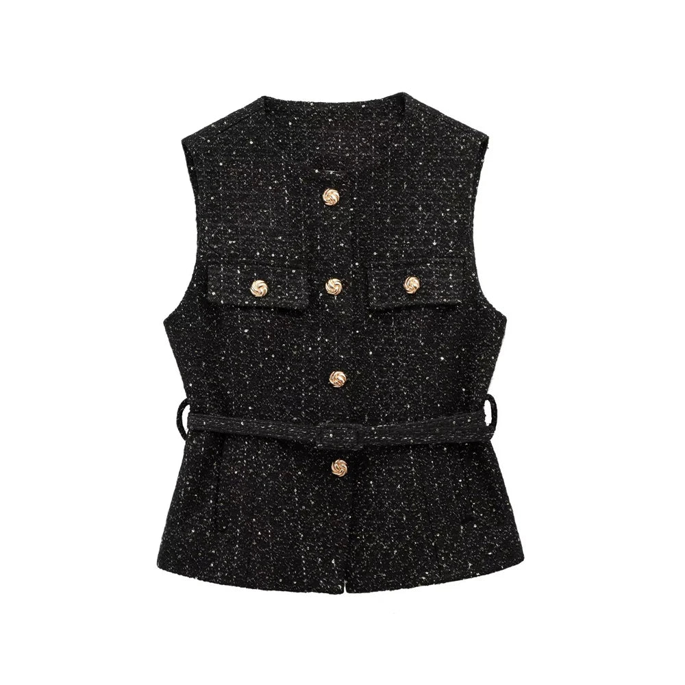 Urban Chic Tweed Waistcoat – Belted Sleeveless Vest