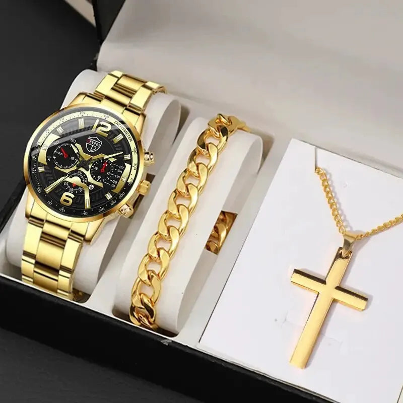 The DEYROS 5PCS Set: Fashion Men's Calendar Quartz Watch, Necklace, and Bracelet