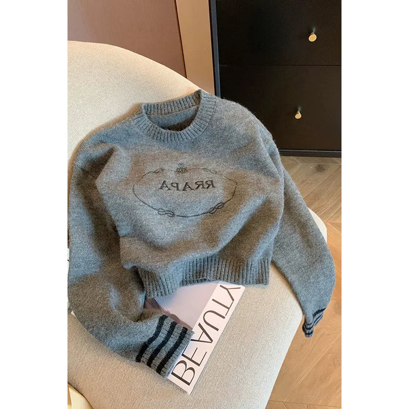 Women’s Grey Letter‑Embroidery Crew‑Neck Short Sweater