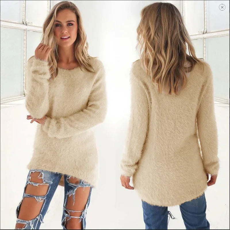 Women Warm Solid‑Color O‑Neck Loose Knit Sweater