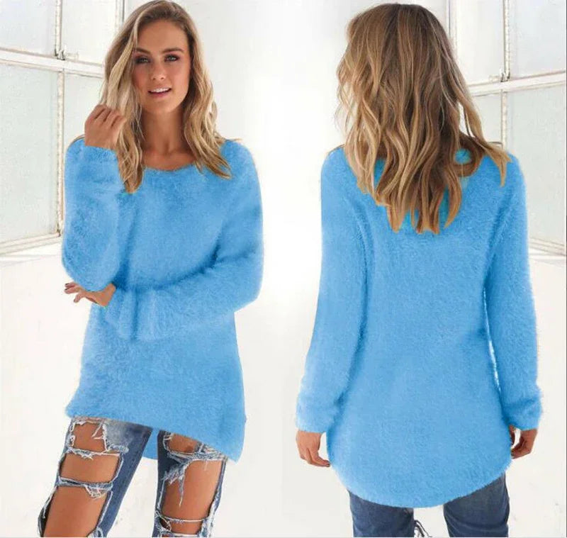 Women Warm Solid‑Color O‑Neck Loose Knit Sweater