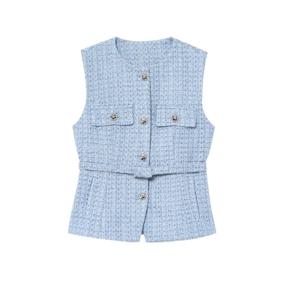 Urban Chic Tweed Waistcoat – Belted Sleeveless Vest