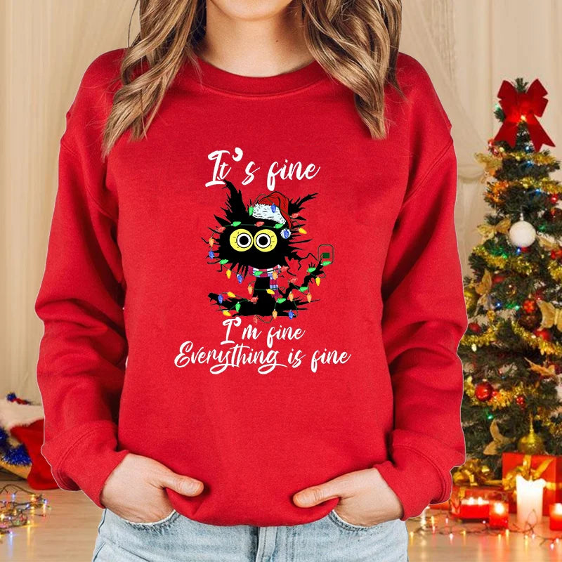 Women’s Christmas Cat Long‑Sleeve Pullover Sweater