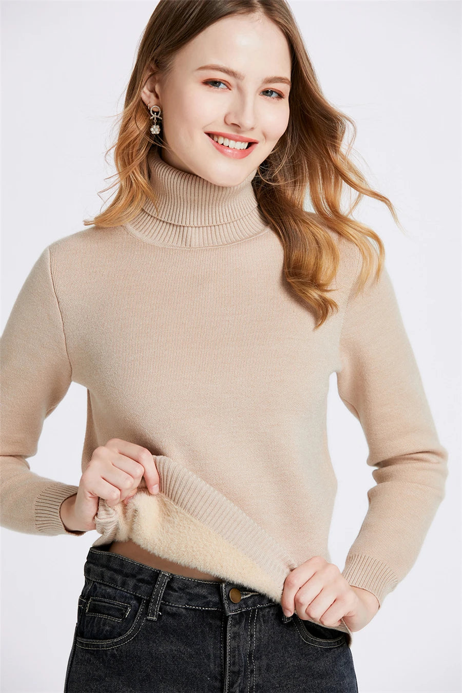 Women’s Velvet‑Lined Thick Turtleneck Sweater