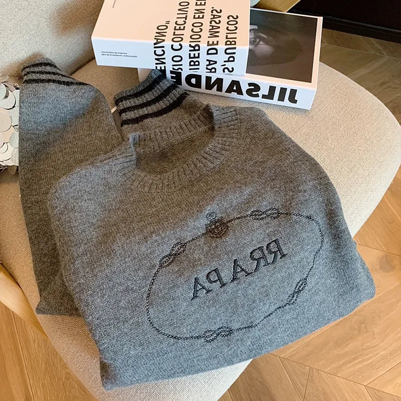 Women’s Grey Letter‑Embroidery Crew‑Neck Short Sweater