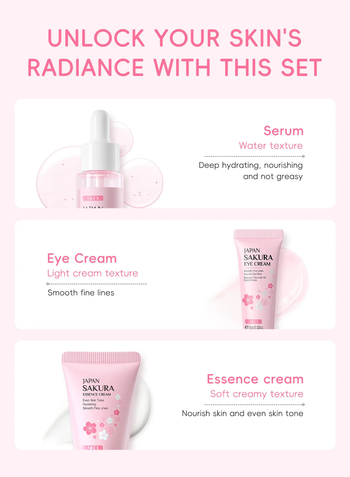 3pcs/set Sakura Skin Care Sets Face Cream Serum Eye Cream Face Beauty Products for Women Daily Moisturizing Skin Care Products