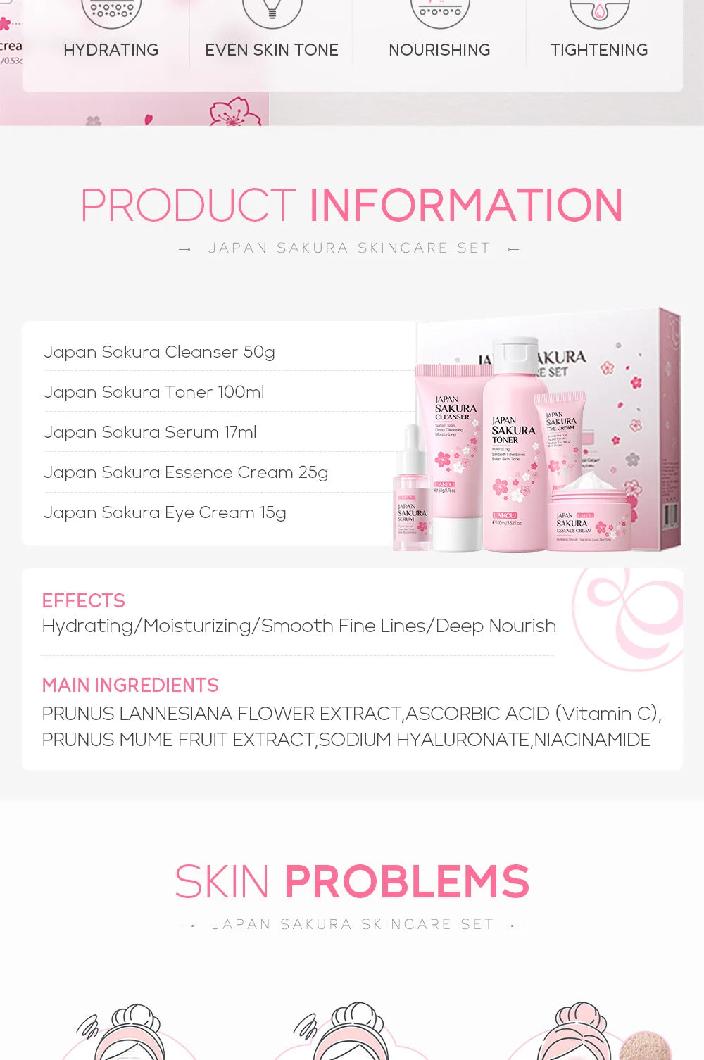 Face Skin Care Set Cleanser Sakura Essence Cream Moisturizing Toner Eye Cream Face Serum Improve Roughness & Dryness Skin Care