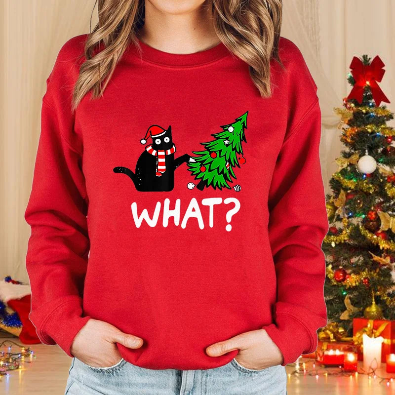 Women’s Christmas Cat Long‑Sleeve Pullover Sweater