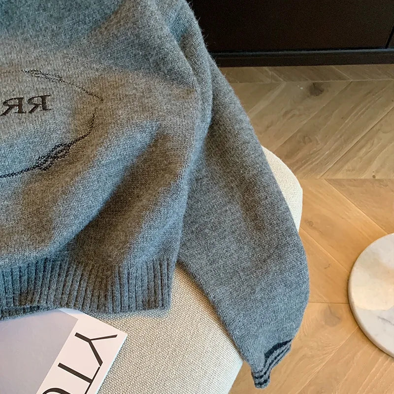 Women’s Grey Letter‑Embroidery Crew‑Neck Short Sweater