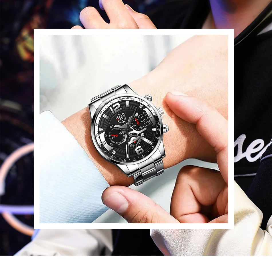 The DEYROS 5PCS Set: Fashion Men's Calendar Quartz Watch, Necklace, and Bracelet