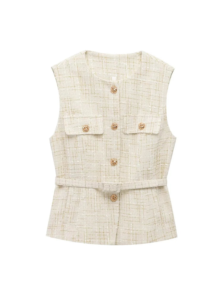 Urban Chic Tweed Waistcoat – Belted Sleeveless Vest