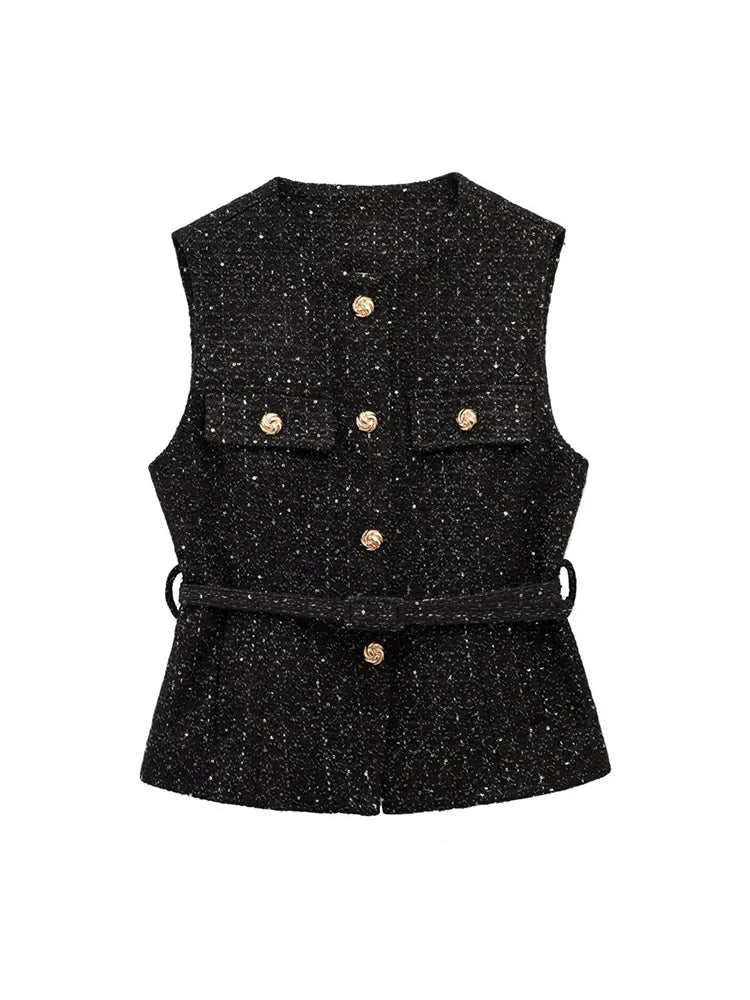 Urban Chic Tweed Waistcoat – Belted Sleeveless Vest