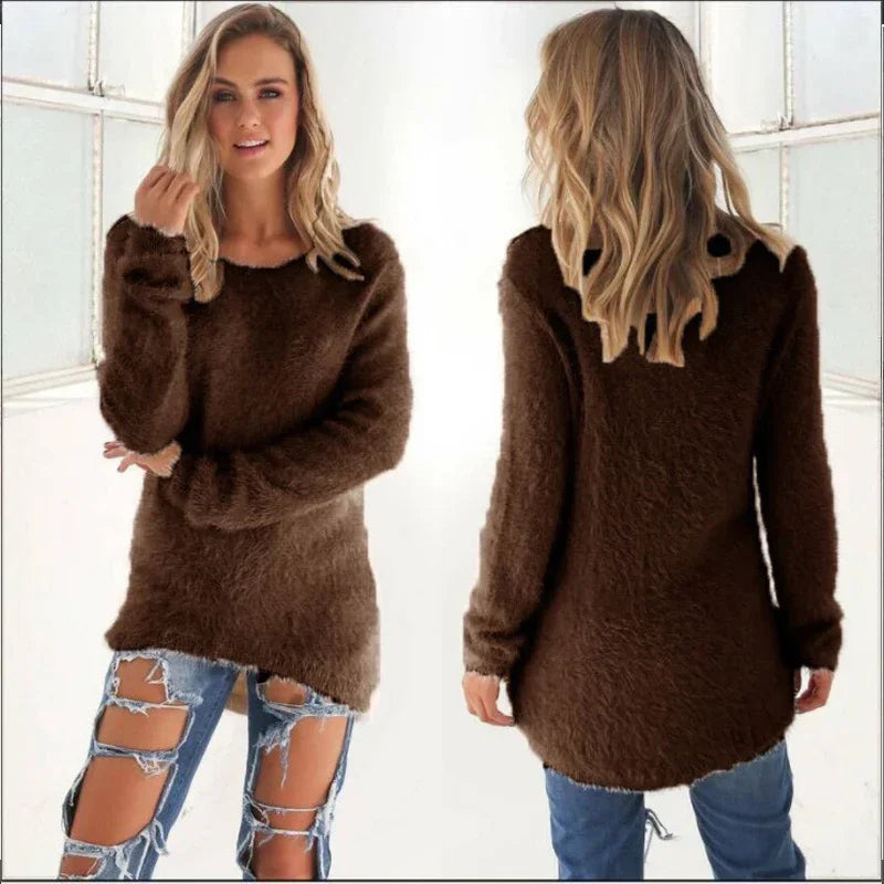 Women Warm Solid‑Color O‑Neck Loose Knit Sweater