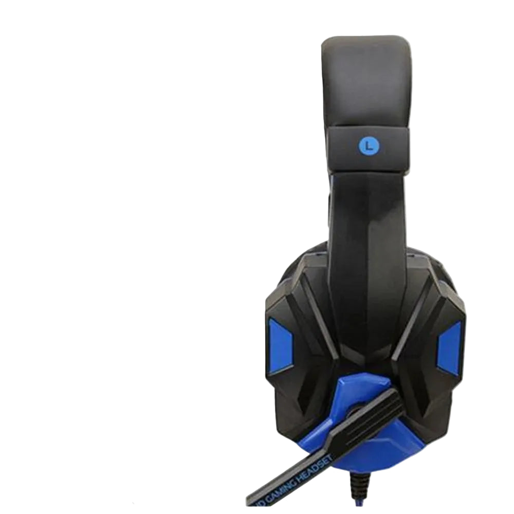 Gaming headset with blue and black design, volume control, and mic mute features on a white background.