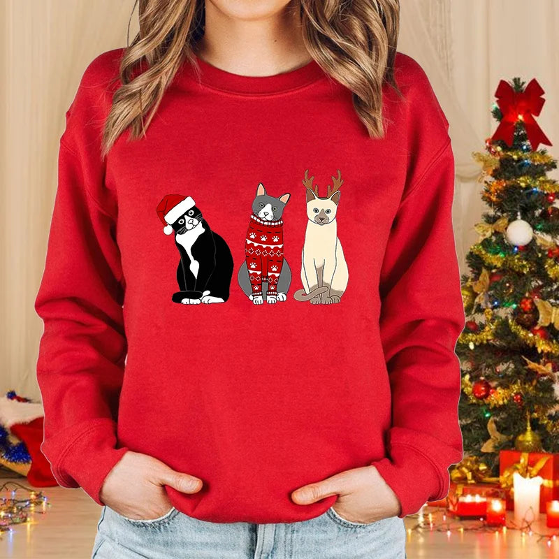 Women’s Christmas Cat Long‑Sleeve Pullover Sweater