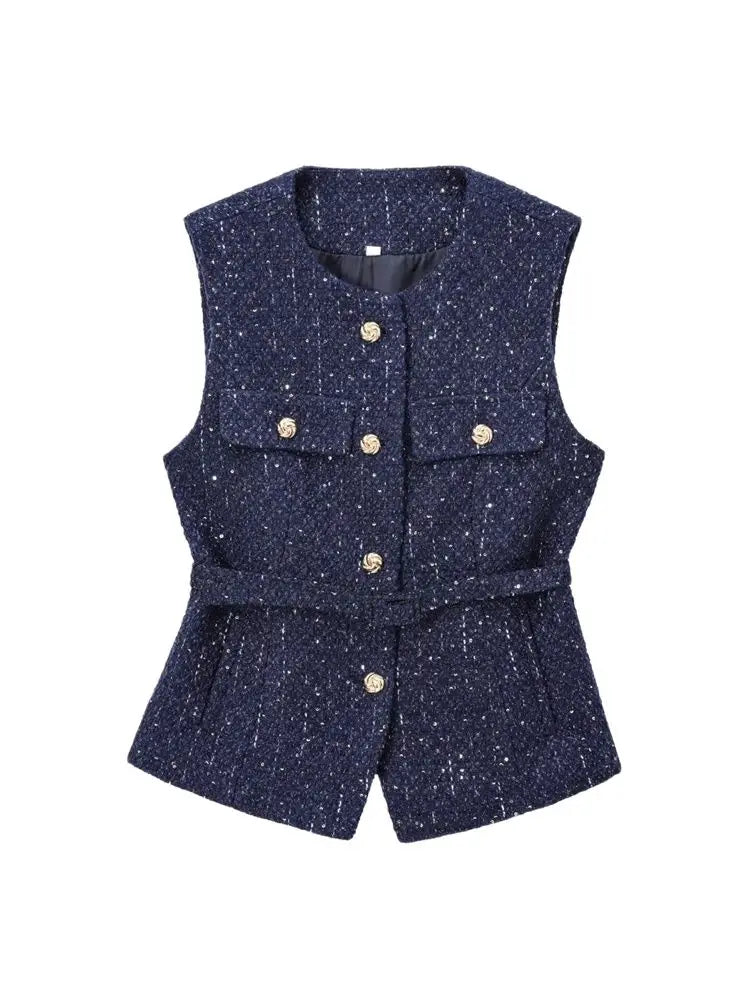 Urban Chic Tweed Waistcoat – Belted Sleeveless Vest