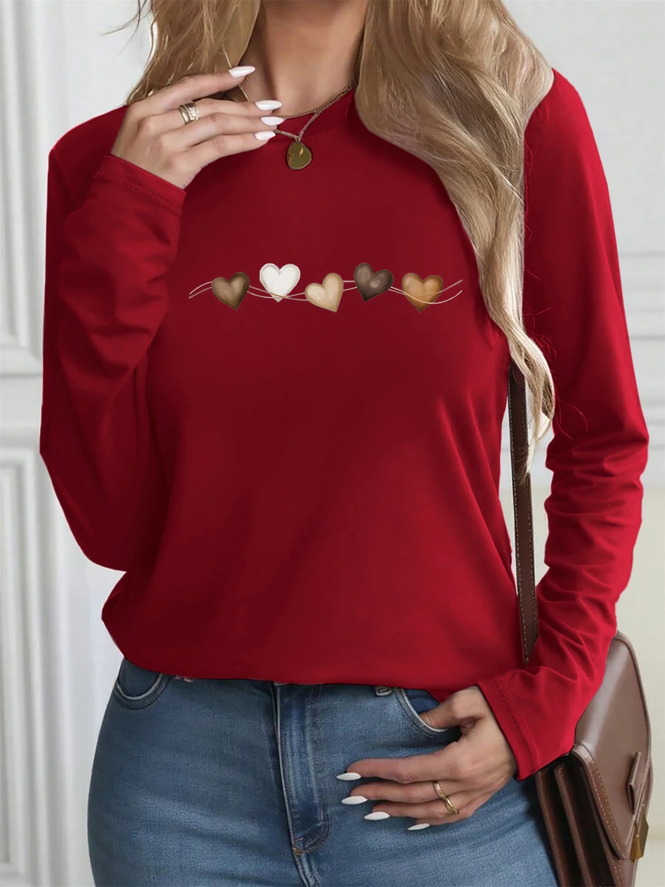 Women’s Cotton Heart‑Print Long‑Sleeve Top