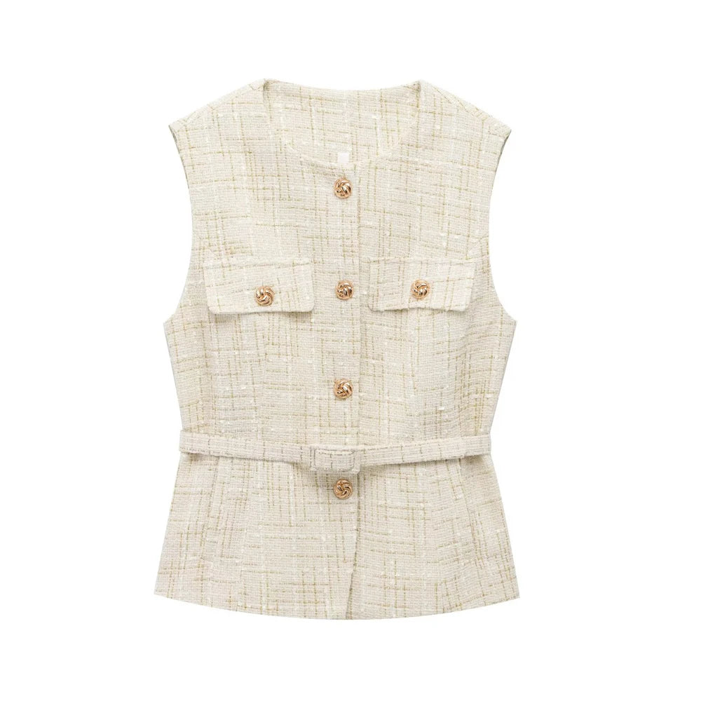 Urban Chic Tweed Waistcoat – Belted Sleeveless Vest