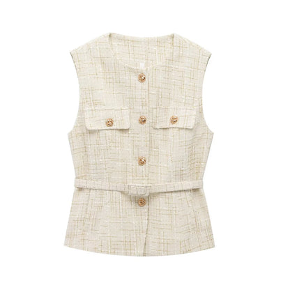 Urban Chic Tweed Waistcoat – Belted Sleeveless Vest