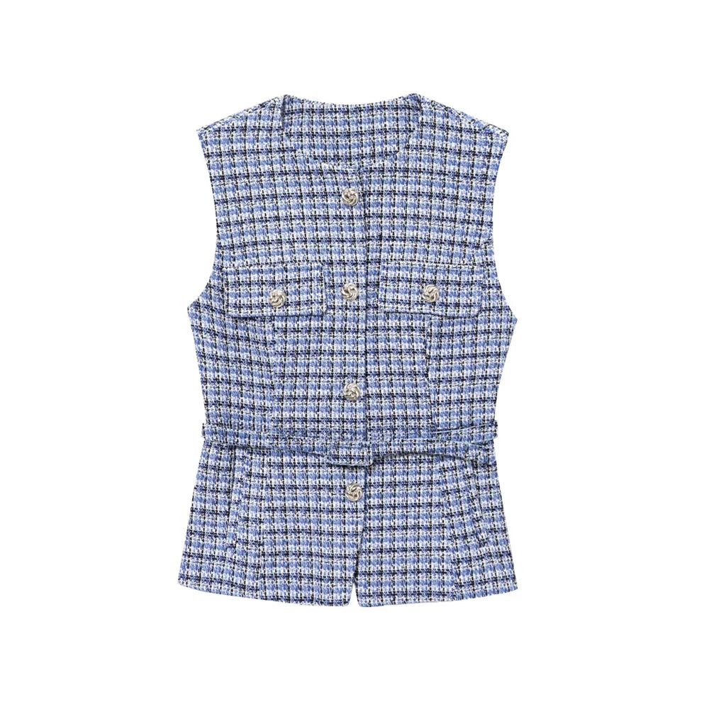 Urban Chic Tweed Waistcoat – Belted Sleeveless Vest