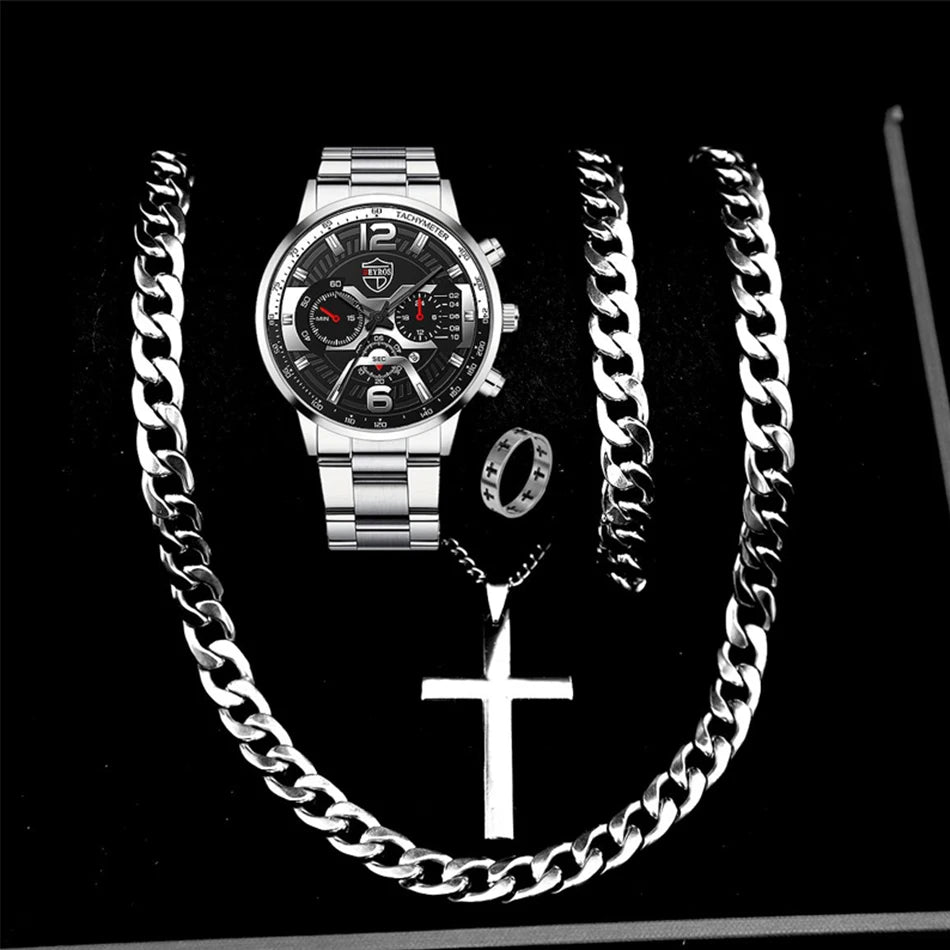The DEYROS 5PCS Set: Fashion Men's Calendar Quartz Watch, Necklace, and Bracelet