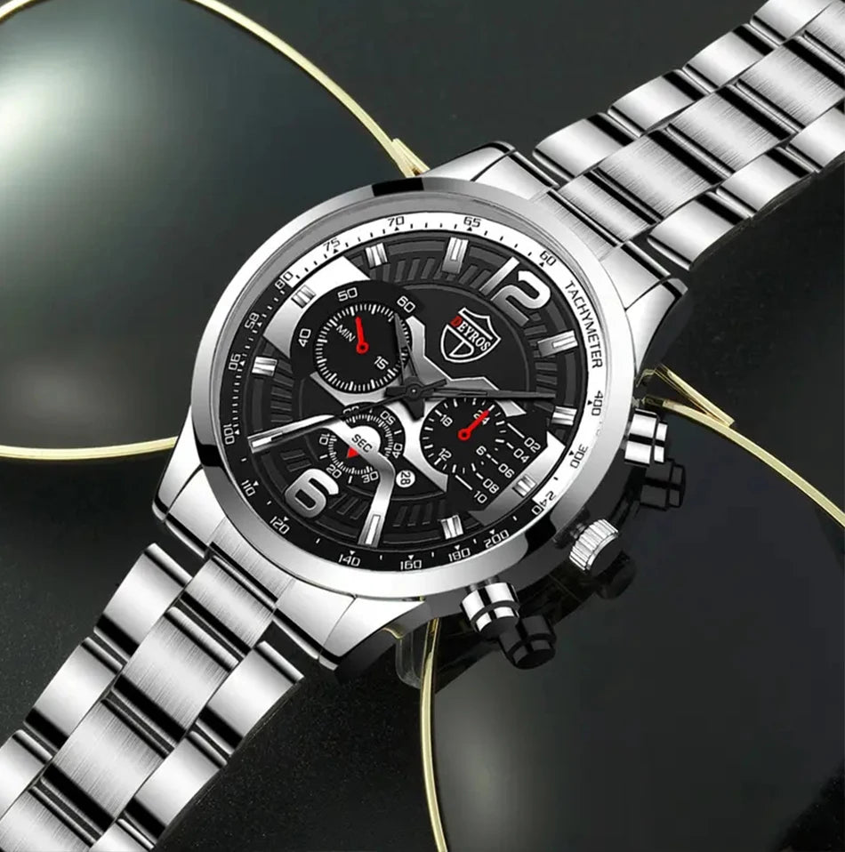 The DEYROS 5PCS Set: Fashion Men's Calendar Quartz Watch, Necklace, and Bracelet