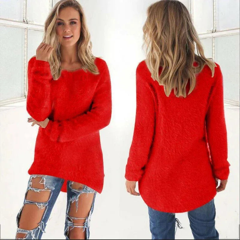 Women Warm Solid‑Color O‑Neck Loose Knit Sweater