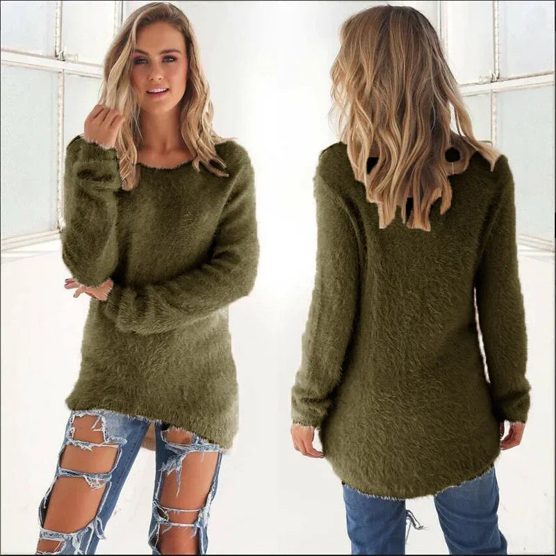Women Warm Solid‑Color O‑Neck Loose Knit Sweater