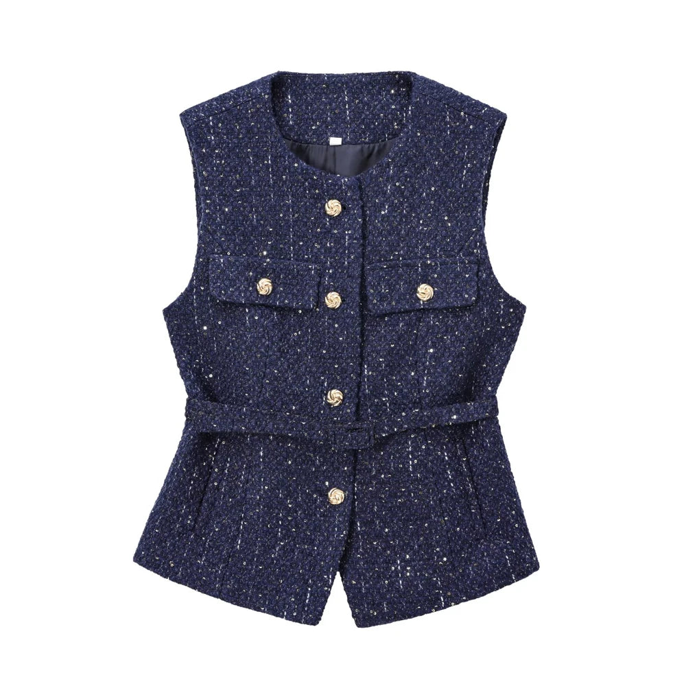 Urban Chic Tweed Waistcoat – Belted Sleeveless Vest