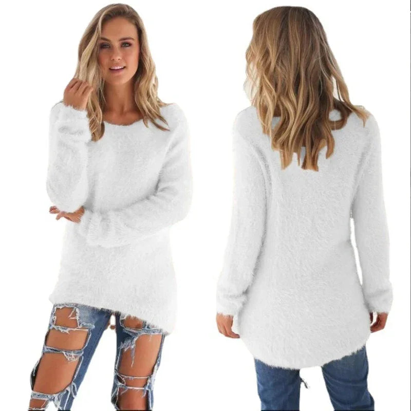 Women Warm Solid‑Color O‑Neck Loose Knit Sweater