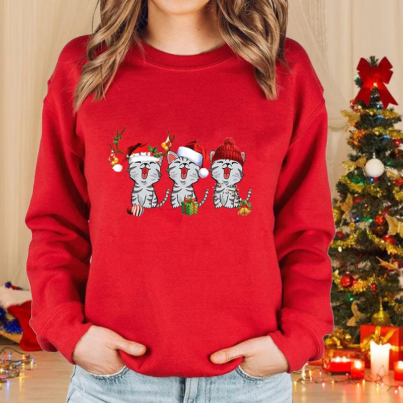 Women’s Christmas Cat Long‑Sleeve Pullover Sweater