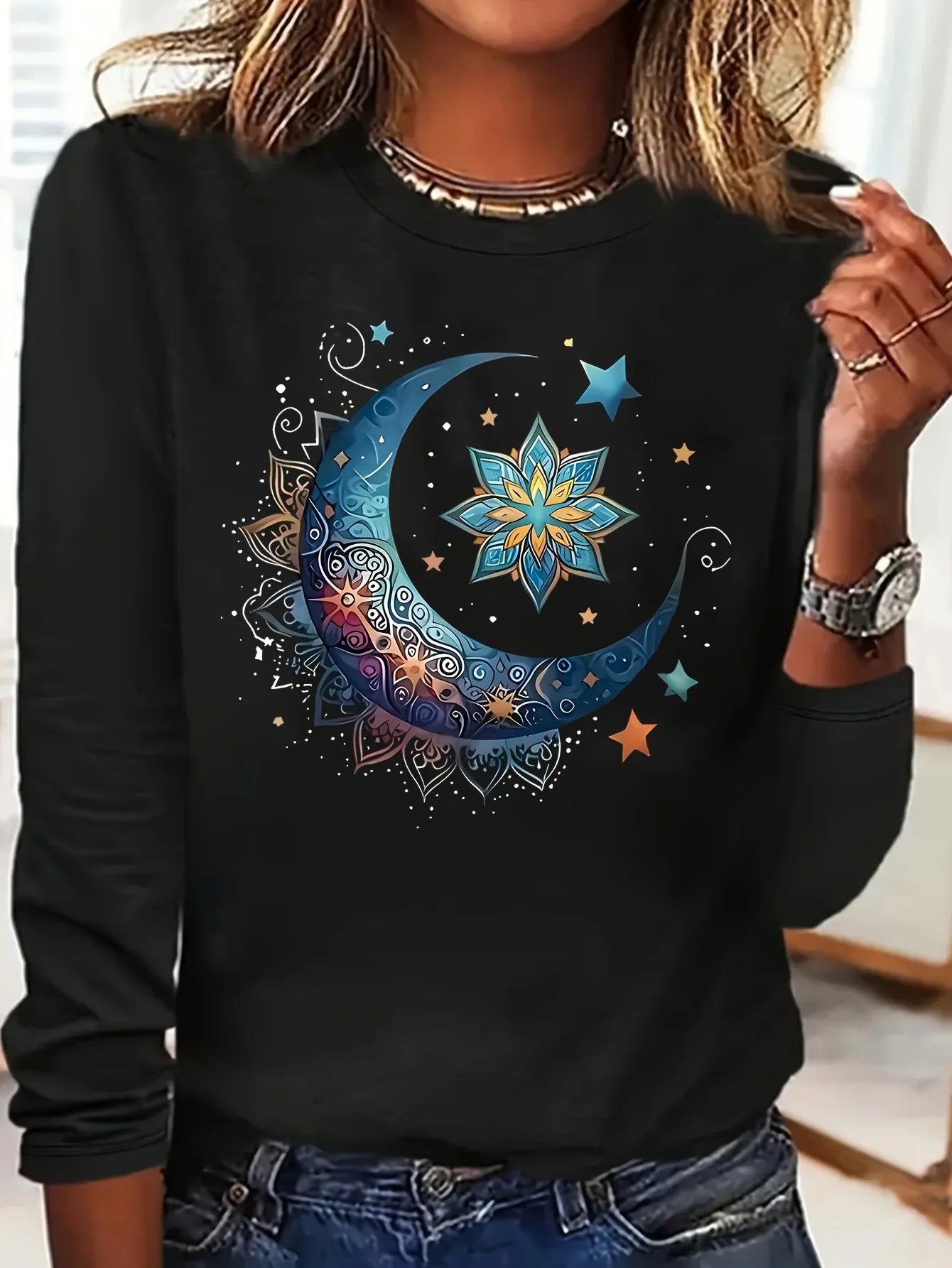 Women’s Cotton Printed Long‑Sleeve Top