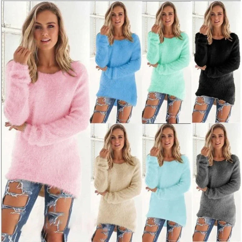 Women Warm Solid‑Color O‑Neck Loose Knit Sweater