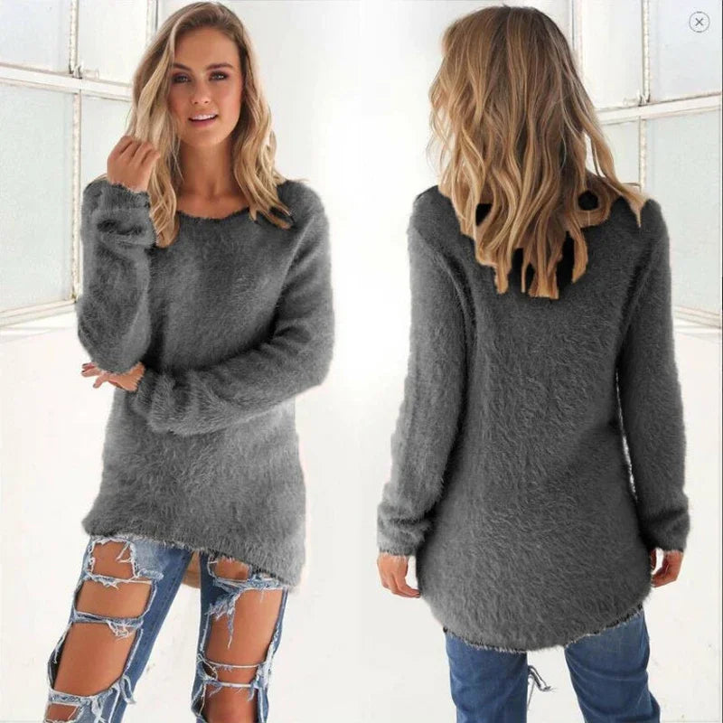 Women Warm Solid‑Color O‑Neck Loose Knit Sweater