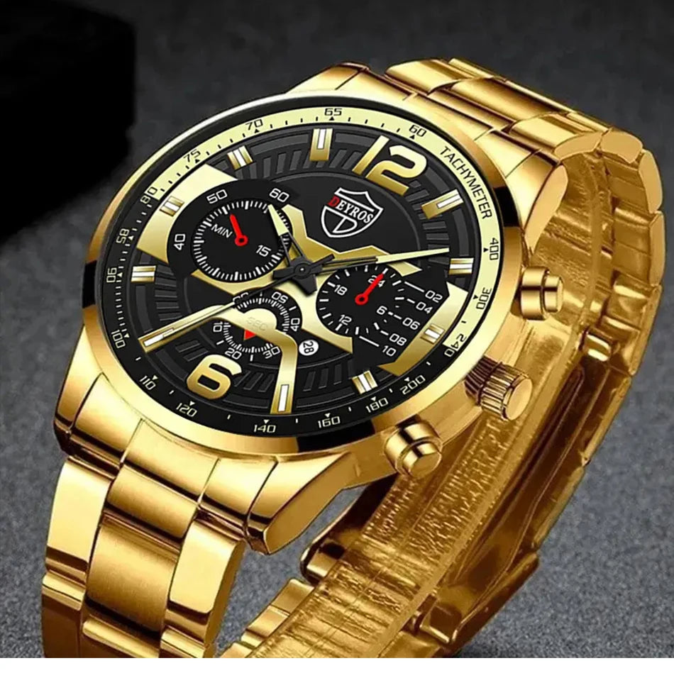 The DEYROS 5PCS Set: Fashion Men's Calendar Quartz Watch, Necklace, and Bracelet