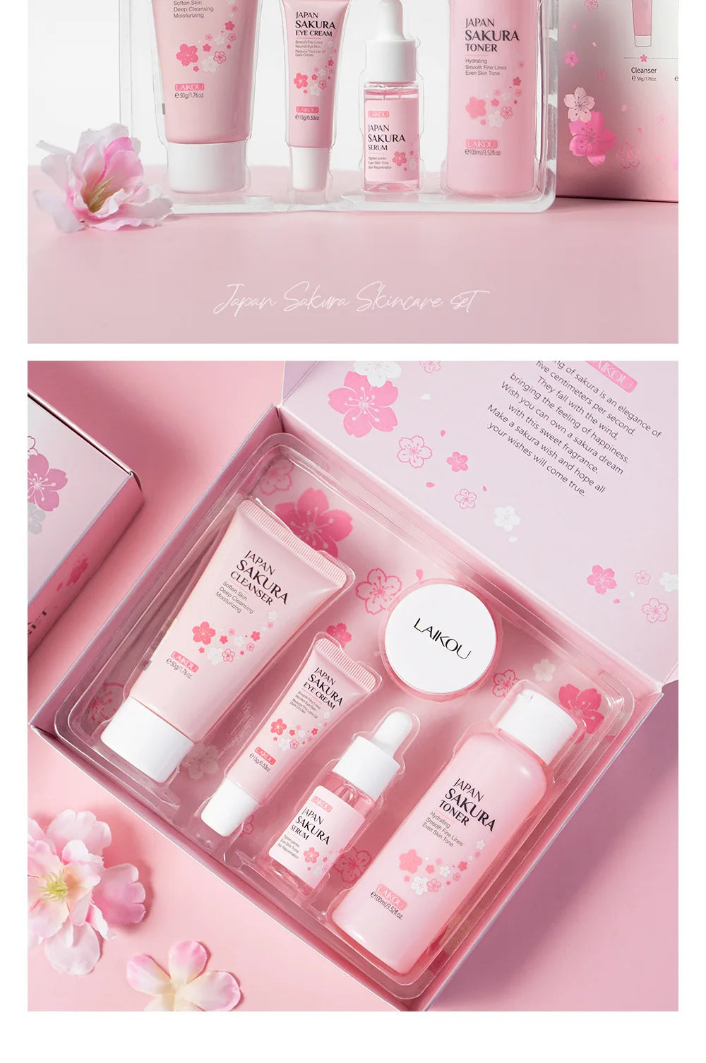 Face Skin Care Set Cleanser Sakura Essence Cream Moisturizing Toner Eye Cream Face Serum Improve Roughness & Dryness Skin Care