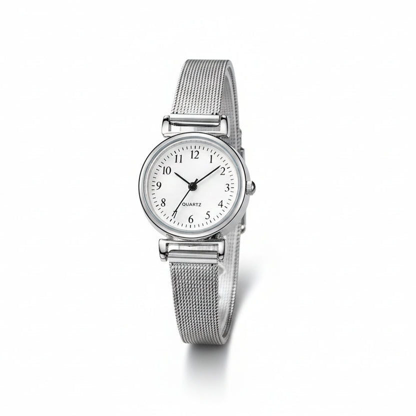 Silver watch with a mesh band on a dark background