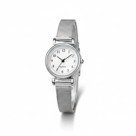 Silver watch with a mesh band on a dark background