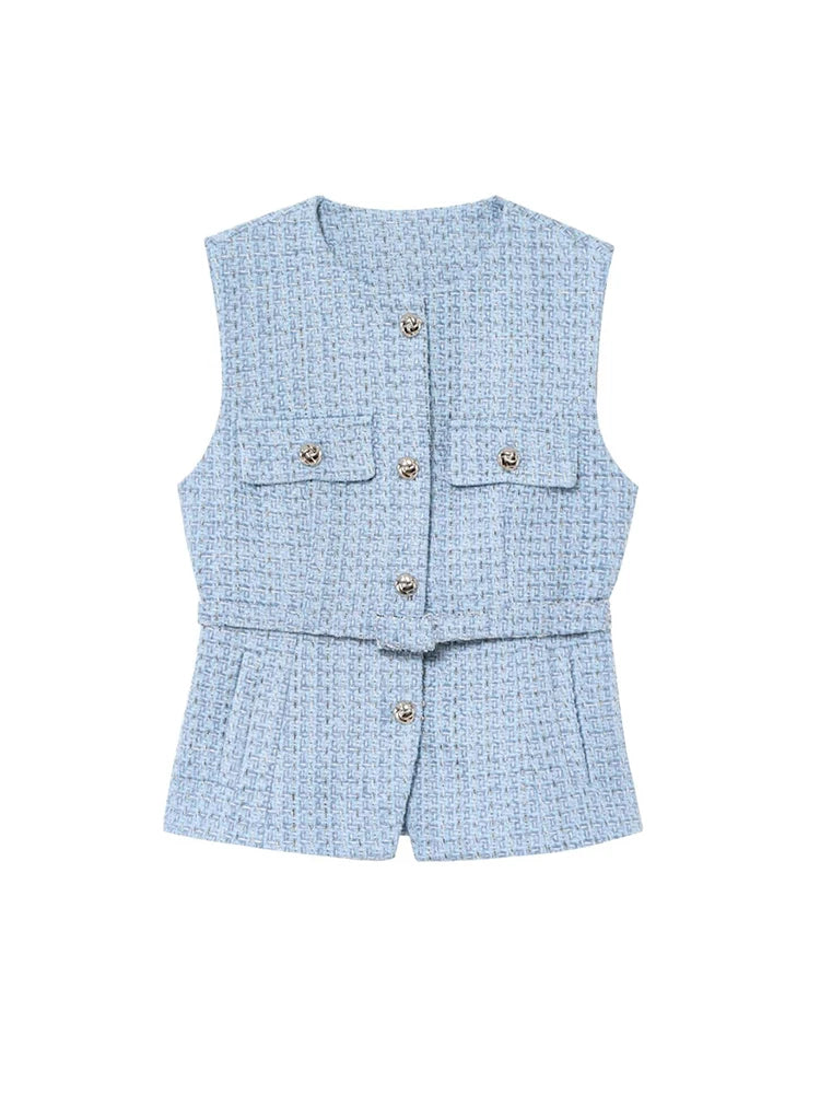 Urban Chic Tweed Waistcoat – Belted Sleeveless Vest