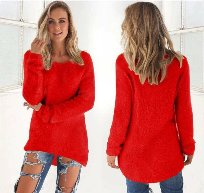 Women Warm Solid‑Color O‑Neck Loose Knit Sweater