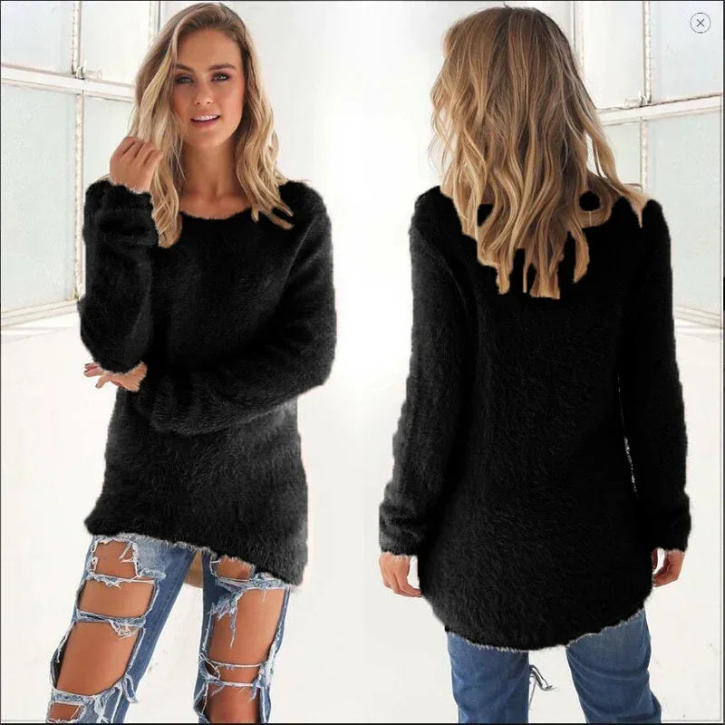 Women Warm Solid‑Color O‑Neck Loose Knit Sweater