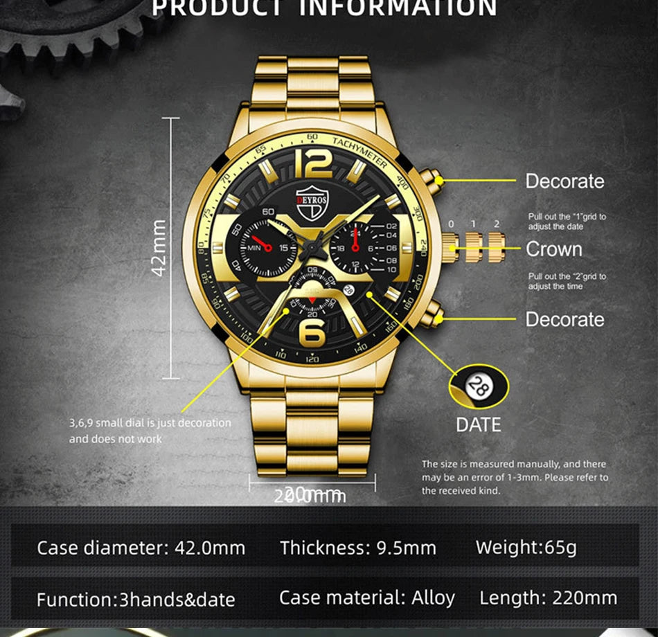 The DEYROS 5PCS Set: Fashion Men's Calendar Quartz Watch, Necklace, and Bracelet