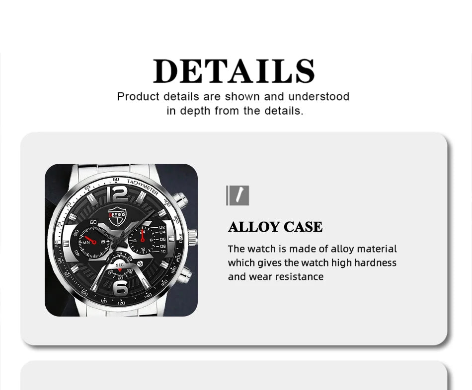 The DEYROS 5PCS Set: Fashion Men's Calendar Quartz Watch, Necklace, and Bracelet