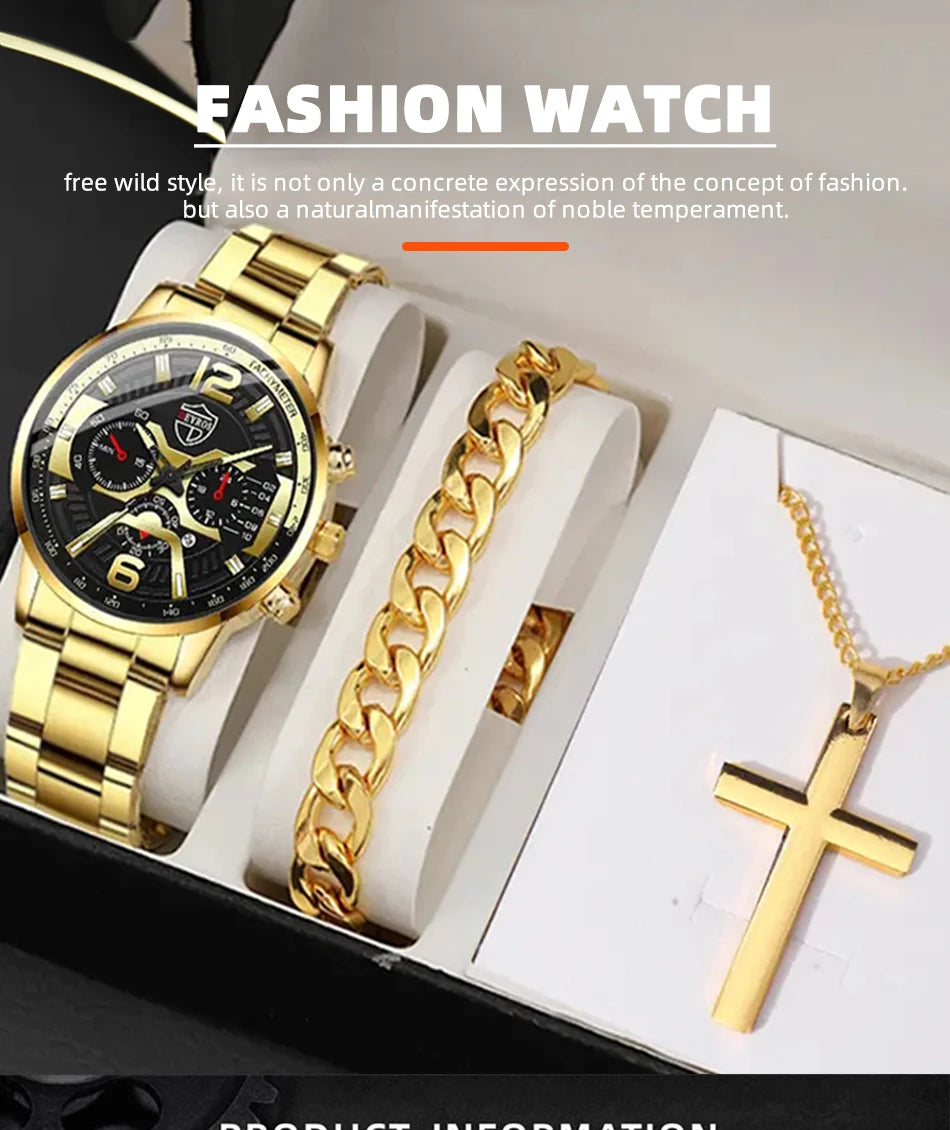 The DEYROS 5PCS Set: Fashion Men's Calendar Quartz Watch, Necklace, and Bracelet