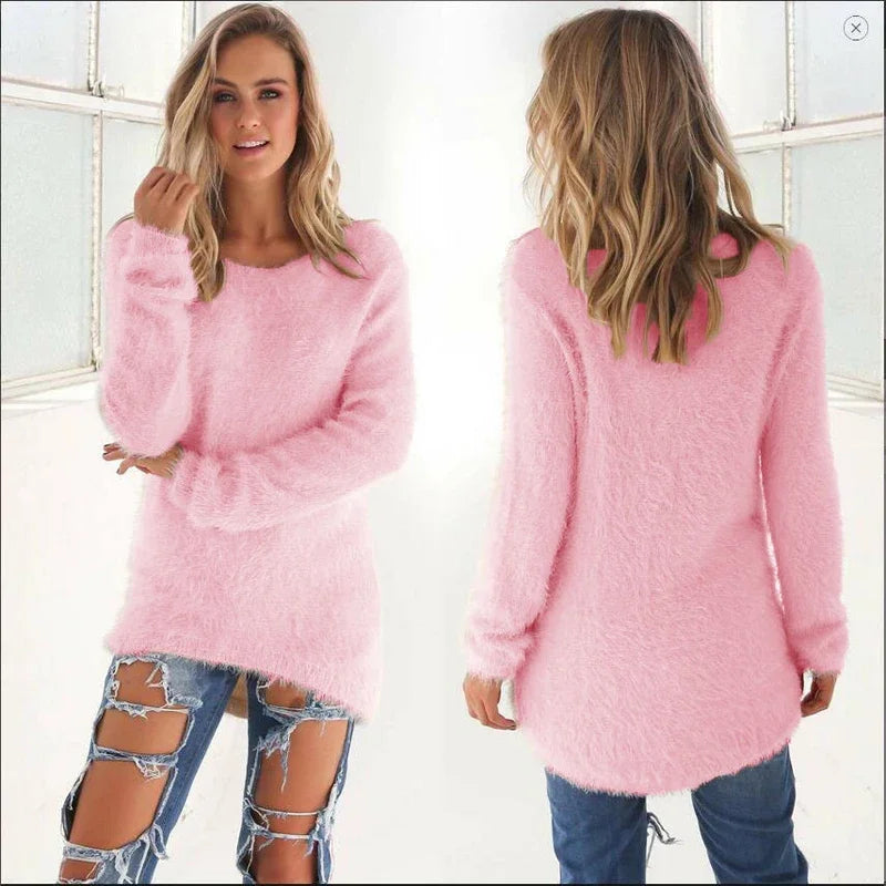 Women Warm Solid‑Color O‑Neck Loose Knit Sweater