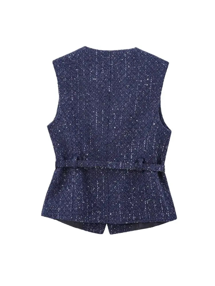 Urban Chic Tweed Waistcoat – Belted Sleeveless Vest