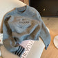 Women’s Grey Letter‑Embroidery Crew‑Neck Short Sweater