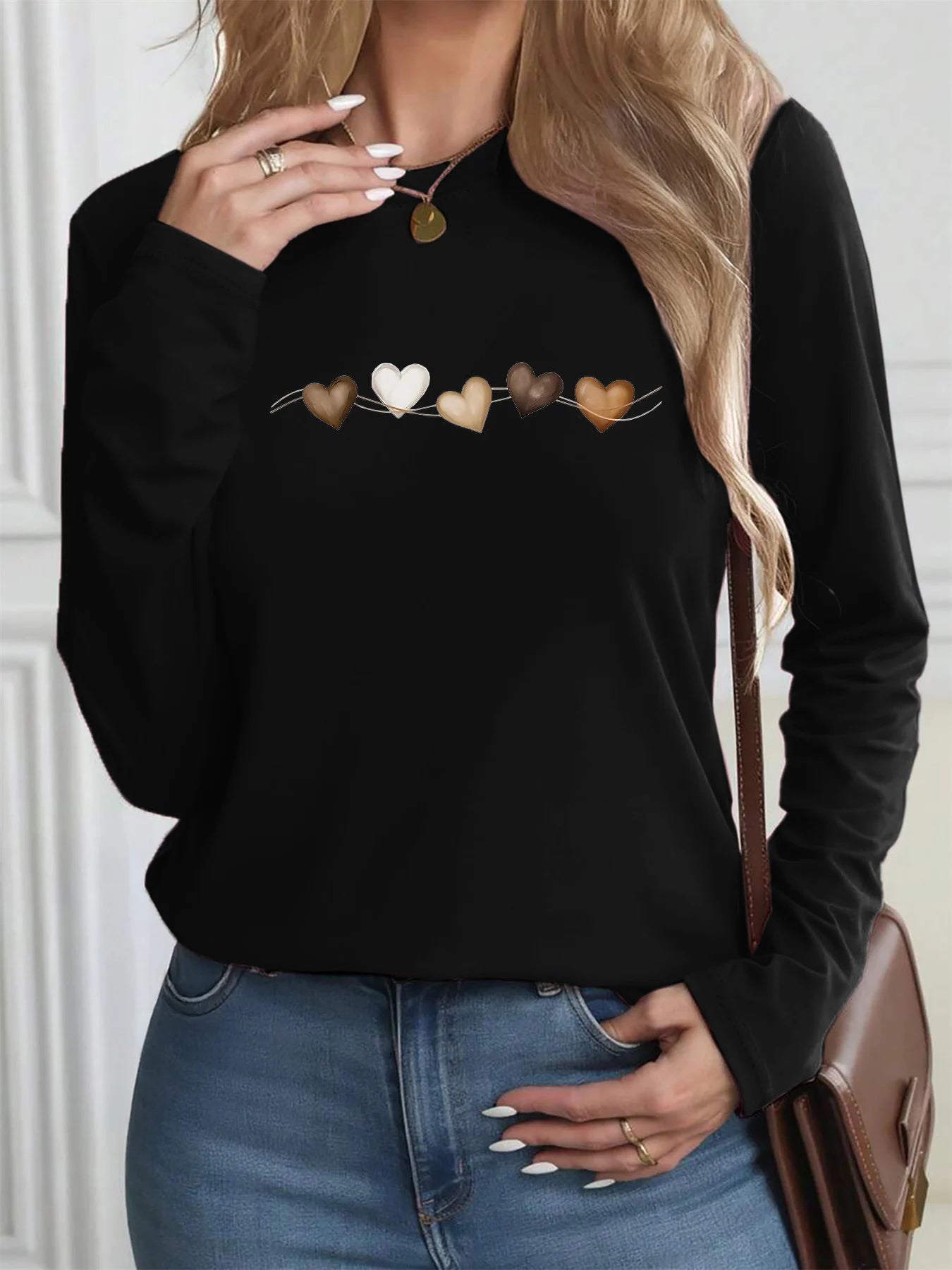 Women’s Cotton Heart‑Print Long‑Sleeve Top
