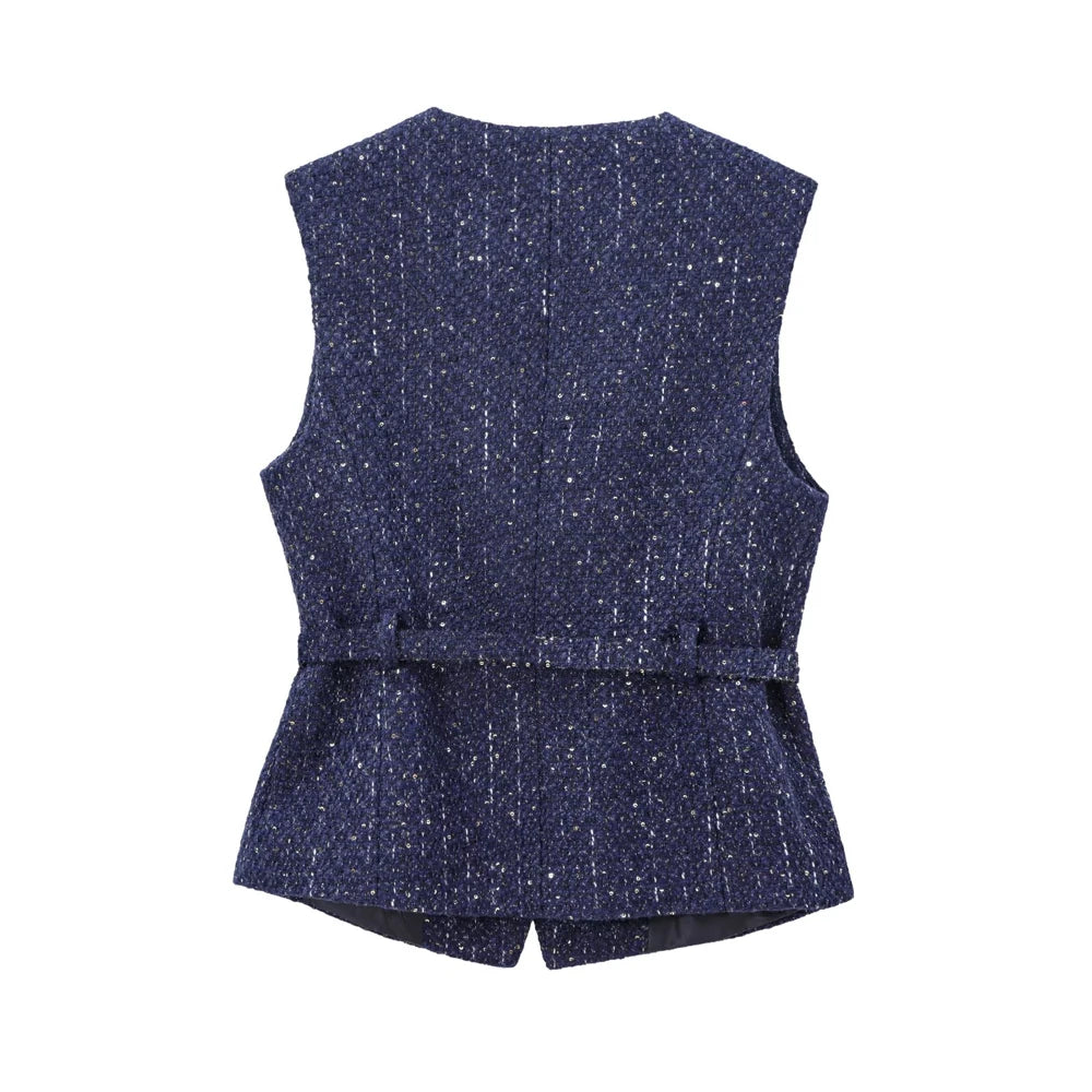 Urban Chic Tweed Waistcoat – Belted Sleeveless Vest